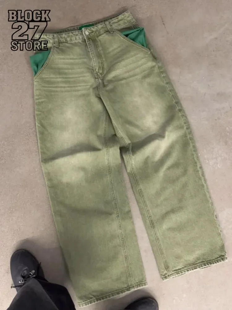 Mens Jeans Matcha Green Baggy Denim Pants Harajuku Unisex Loose Fit Straight Leg Casual Streetwear Fashion Trend New Arrival New — image 1