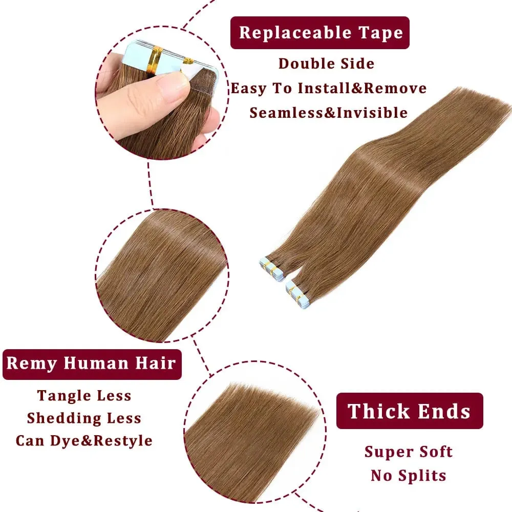 #4 Brown Tape In Human Hair Extensions For Women Blonde Highlight Double Drawn Invisible Balayage Tape In Hair 20pcs/Pack 20Inch