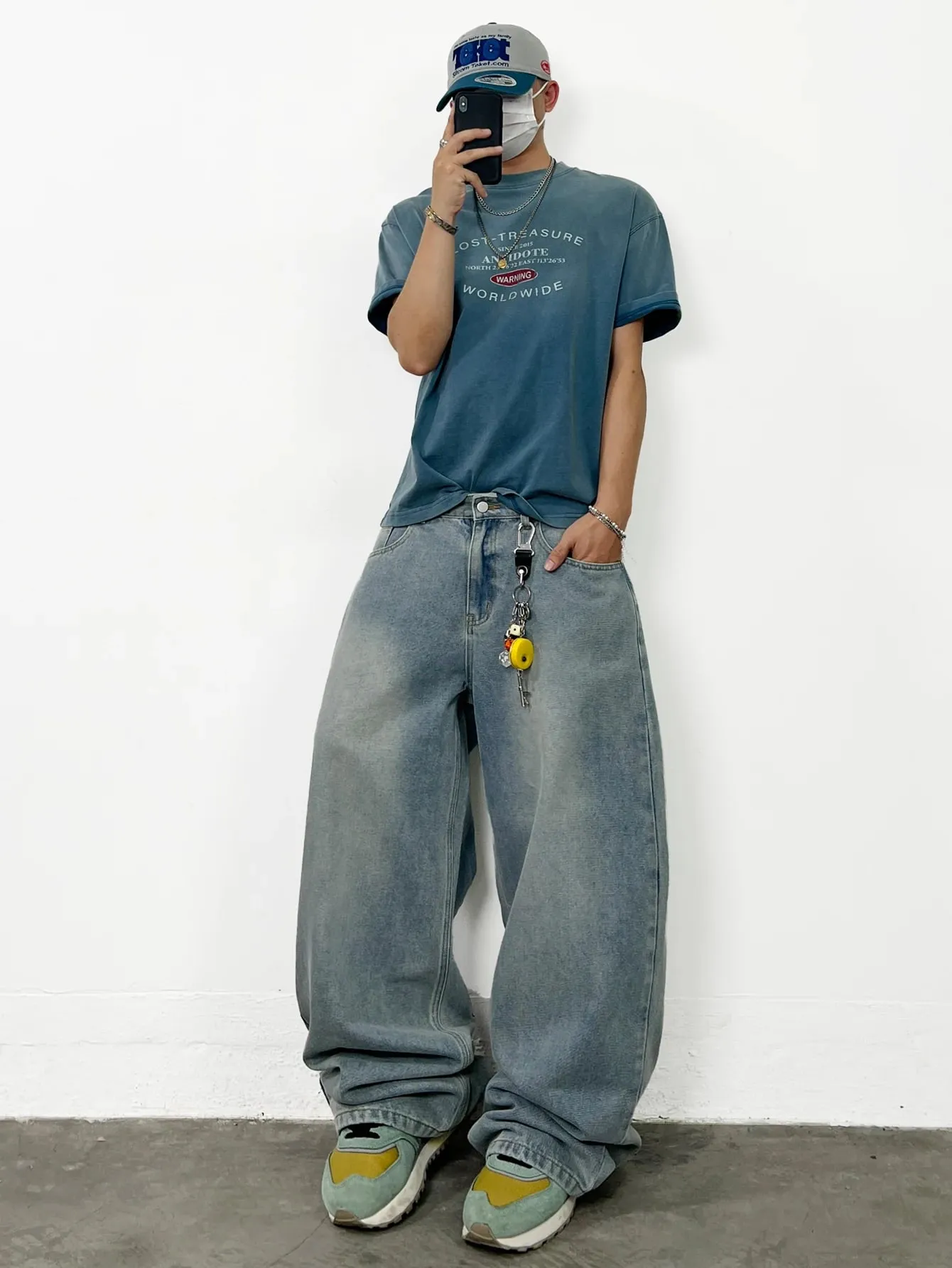 American Retro Dragon Art Embroidery Blue Baggy Jeans Men's Y2K Washed Street Hip-Hop Fashion Versatile Straight Wide-Leg Pants
