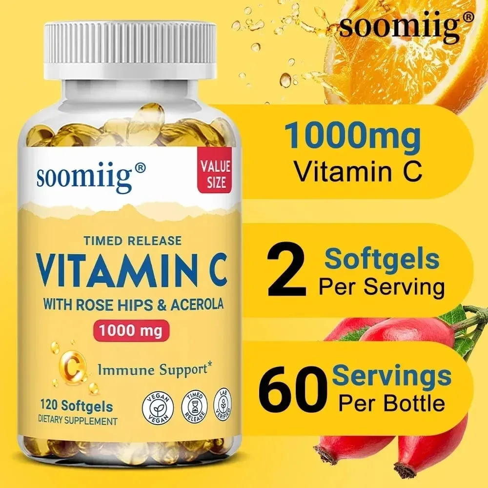 Vitamin C Capsules 1000mg - Immune Support Cellular Energy Production Improve Skin Brightening Skin Teeth & Heart Health