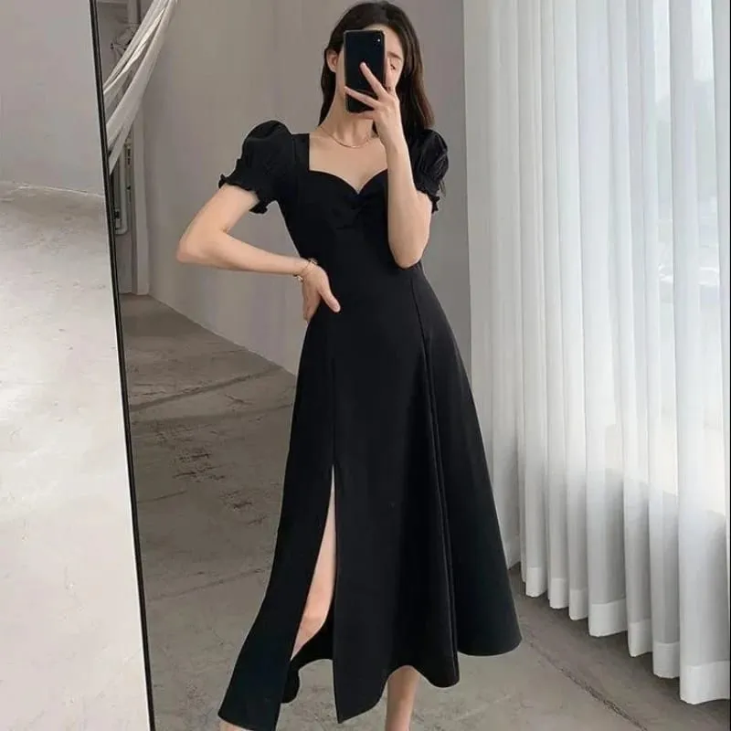 Solid Puff Kortärmad Elegant Slit Klänning Nytt Mode Dam V-ringad Hela Klänningar Dam Hög Midja Smal Kvällsfest Vestidos