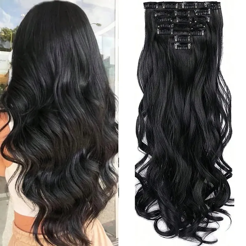 18~30 inch Long Wavy Clip-in Hair Extensions 7pcs/set Thick Hair pieces With Invisible Clips Soft Synthetic Fiber Black