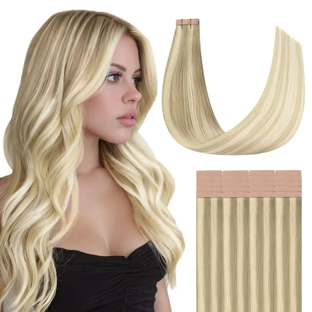 Sunmofavo Seamless Tape In Hair Extensions 100% Real Remy Human Hair Straight Ash Brown To Platinum Blonde Ombre Silky Glossy 20Pcs 50g Firm Hold After Heat Application Instant Volume Salon Professional Tape Ins