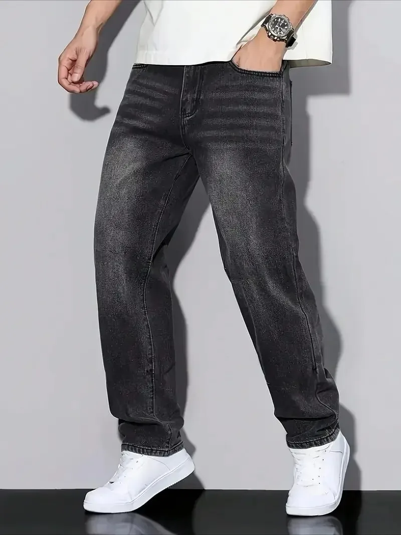 Men's Black Washed Loose-Fit Jeans Straight-Leg Casual Streetwear Trousers for Daily Wear Comfortable Denim-Like Pants
