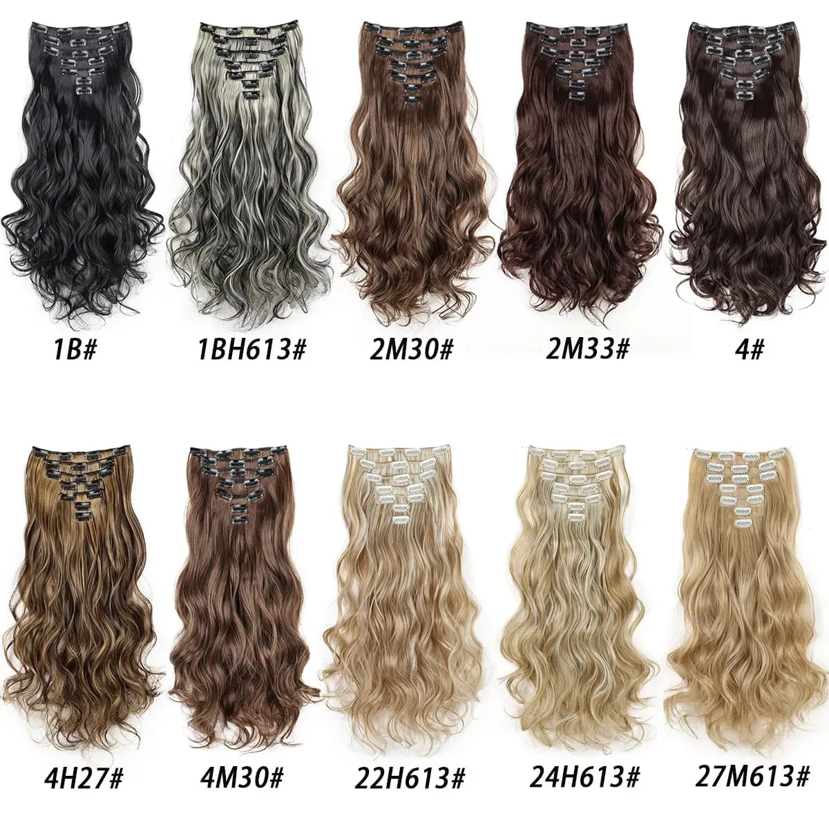 18inch 16 Clips Long Wavy Black Hair Extensions Heat Resistant Fiber Hairpiece Women Halloween Cosplay Costume Daily Hairstyle