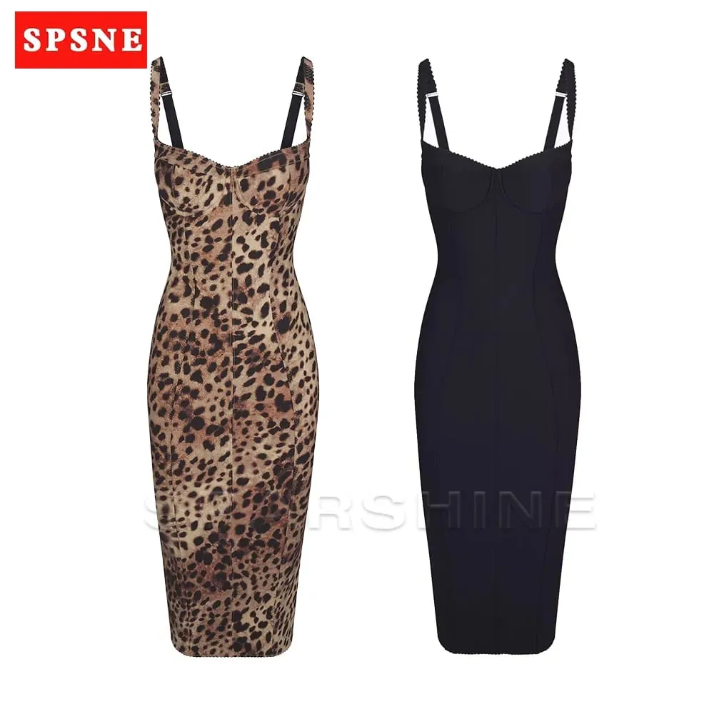 Sexy jurk met luipaardprint, mouwloos ingerichte stretch bodycon halfhoge kuitjurk clubwear avondfeestjurken