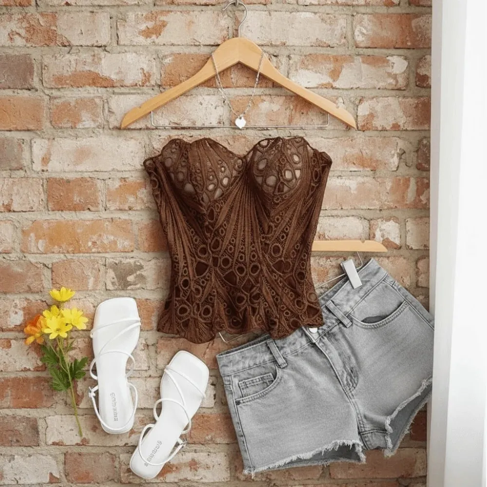 Bustier Back Tie Hollow Out Corset Top Irregular Hem Fishbone Lace Corset Mesh Splicing Women Underwear Clubwear