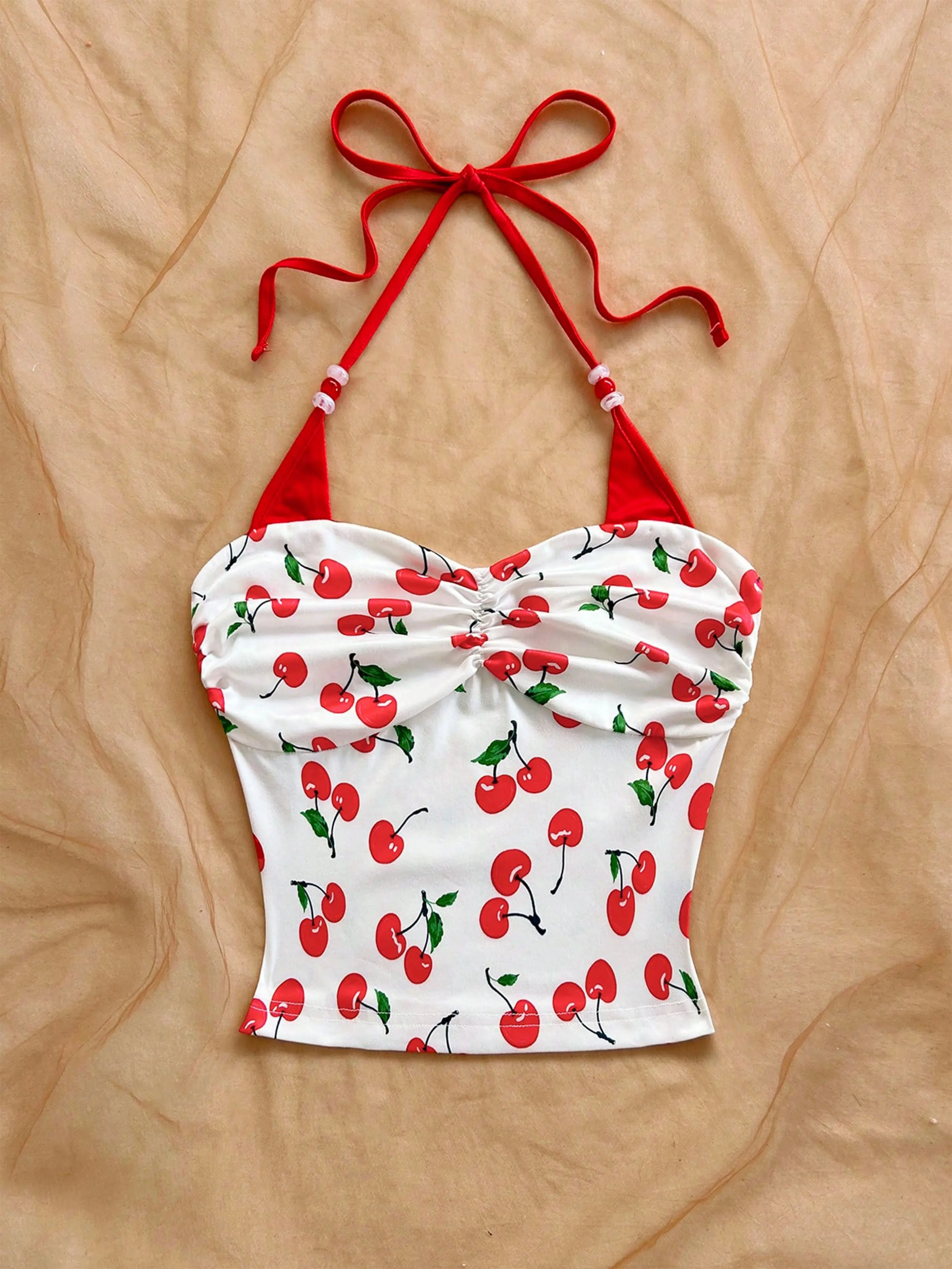 Women's Cherry Printed Color-blocking Beaded Halter Top Summer Beach Vacation Beach Party Summer Party