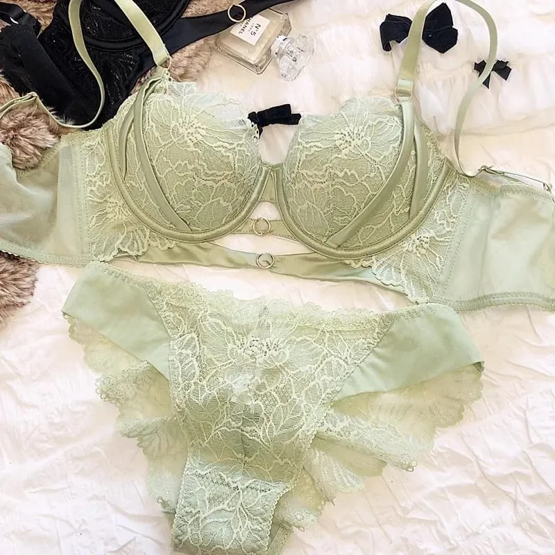 New Big Size Thin Cotton Lace Lingerie Set For Women Sexy Push Up Ladies Underwear Panties Hollow Out Female Intimates