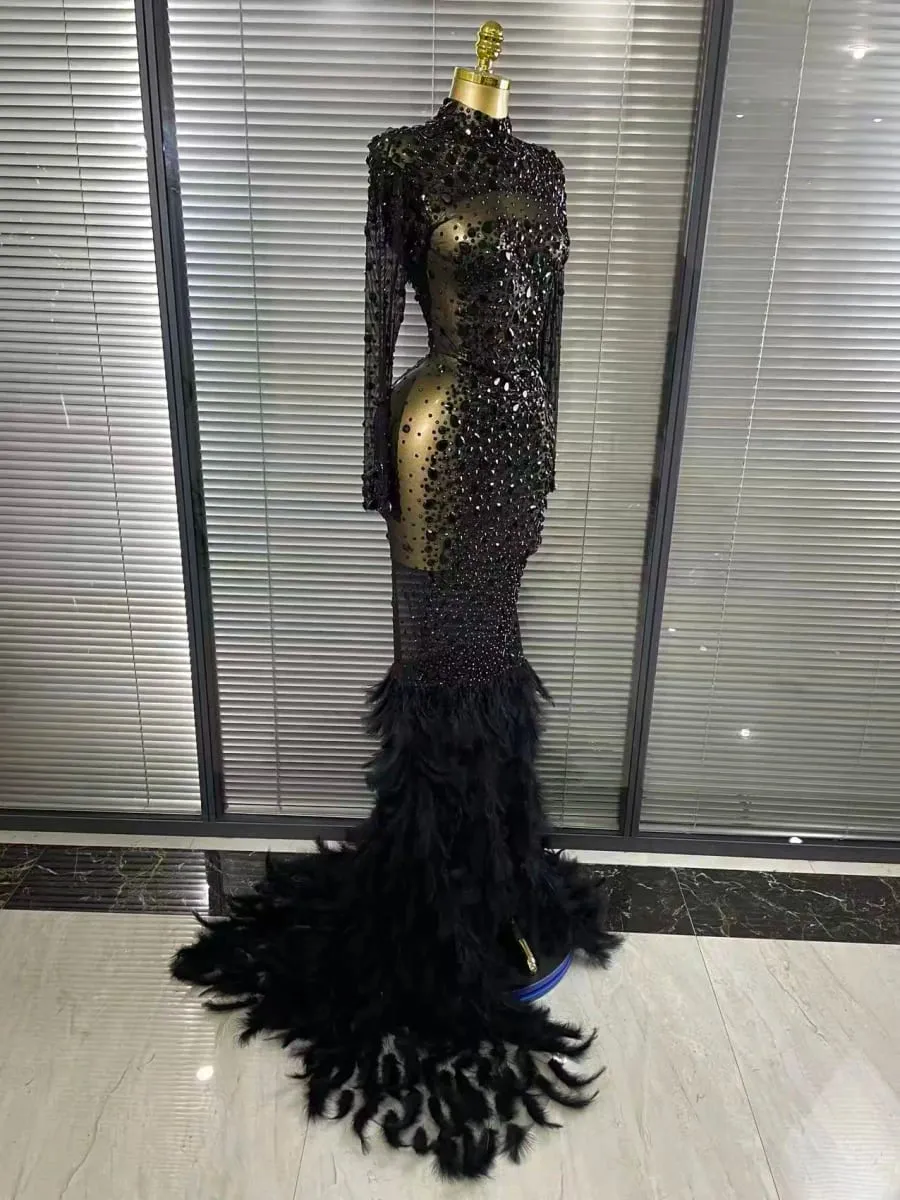 Black Red Women Long Sleeve Sexy Sparkly Crystal Mesh See Through Feathers Floor-length Mermaid Dress Panggabing Party Prom Outfit