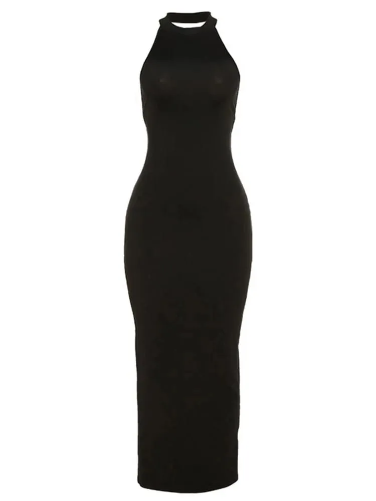 Sexy rückenfreies Neckholder-elegantes Bandage-Maxikleid, Outfits für Damen, ärmellos, Sommer, Club-Party, schwarzes Kleid