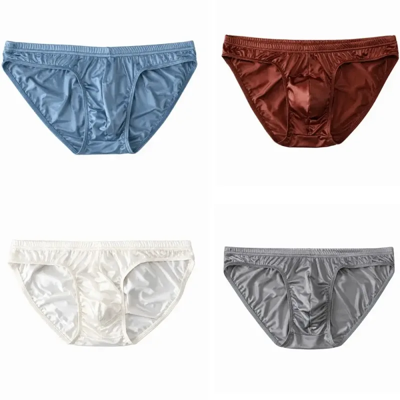 Cool Smooth Men's Underwear Low Waist Bulge Pouch Ice Silk Briefs Lingerie Breathable Satin Silk Panties Daily Routine