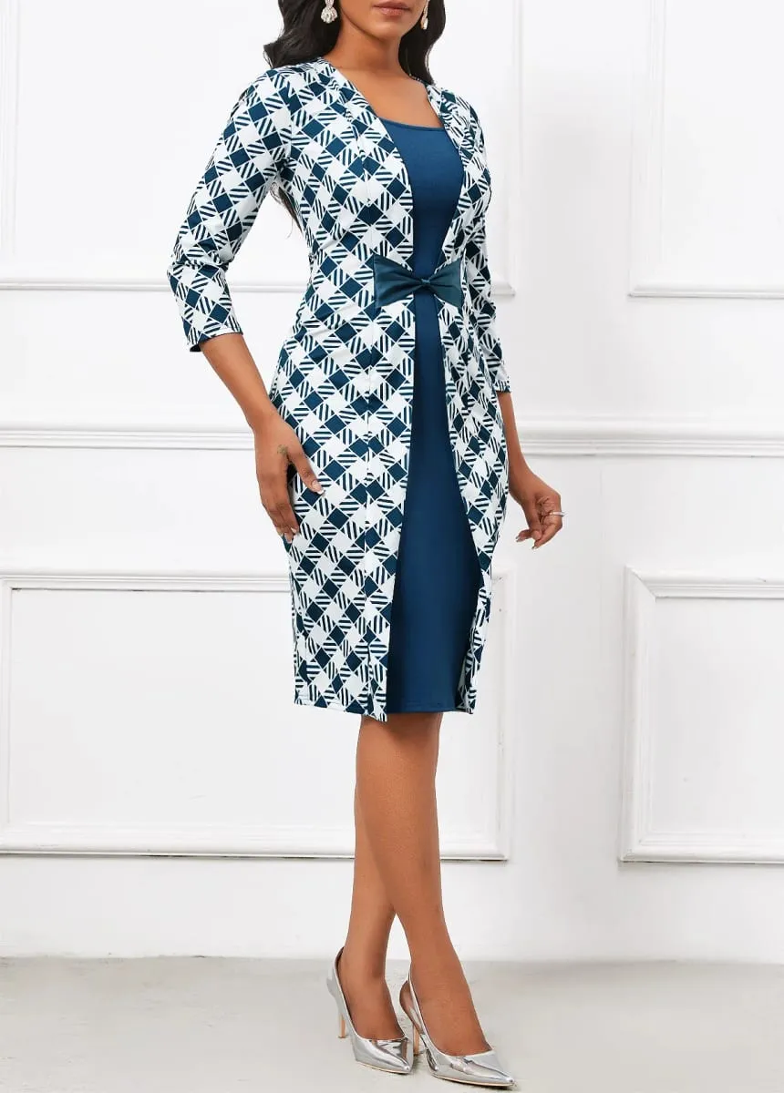 Women Elegant Faux Two-Piece Notched Neck 3/4 Sleeve Bow Tie Office Work Party Casual Slim Knee Length Bodycon Dress Geometri
