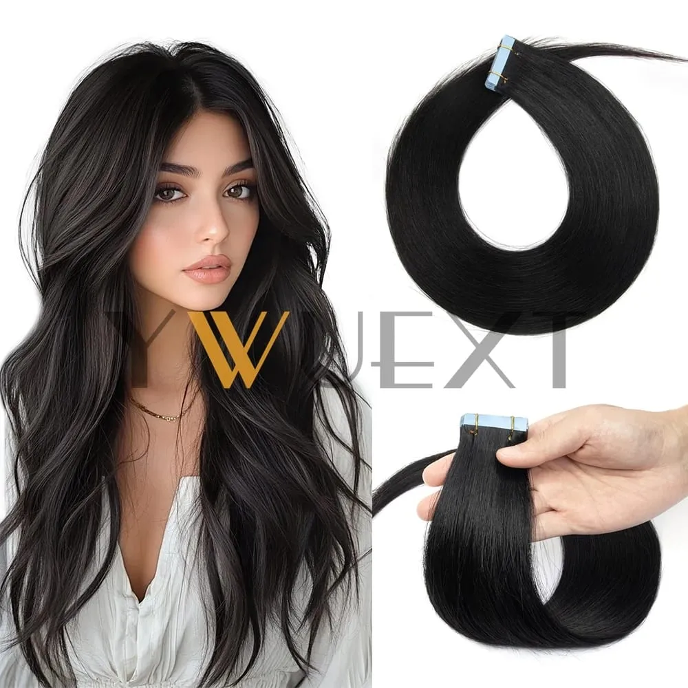 Real Human Hair Tape in Extensions 12''-20'' Natural Straight Black Seamless Tape Hair On Double Sided Tape 20pcs 50g/pack
