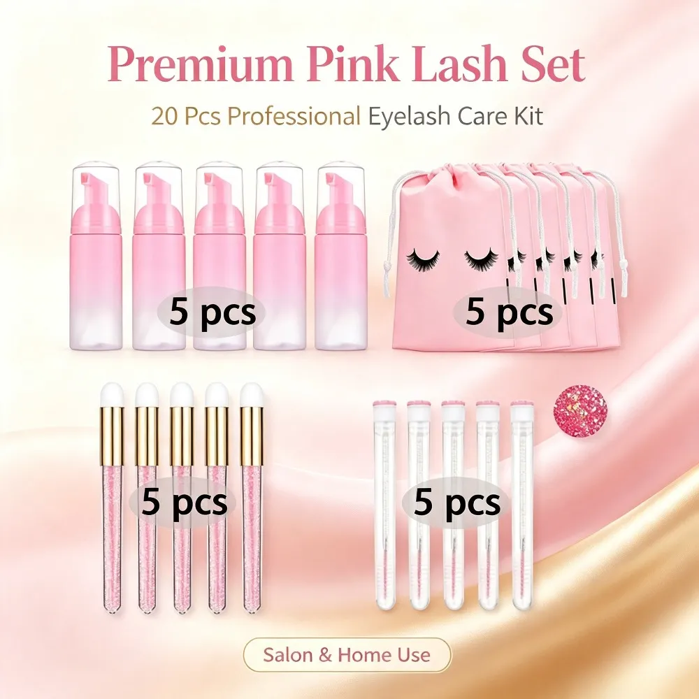 60ml Refillable Empty Plastic Pump Bottle Lash Extension Cleaning Kit Long Rod Brush Lash Curler Dust Tube EVA Storage Bag Tools