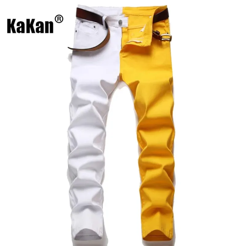 Kakan Slim Slim Fit Pie pequeño empalmado Bi-color Jeans europeos y americanos nuevos pantalones vaqueros de pierna recta K021-1266 para hombres