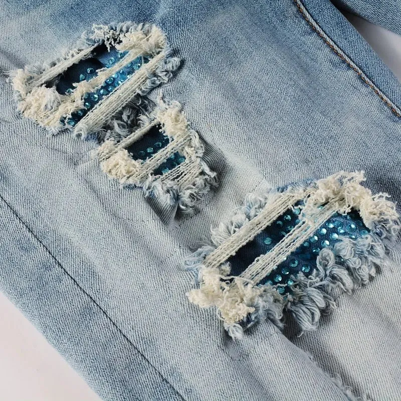 Men Crystal Patch Denim Jeans Streetwear Blue Patchwork Stretch Pants Ripped Distressed Skinny Tapered Trousers
