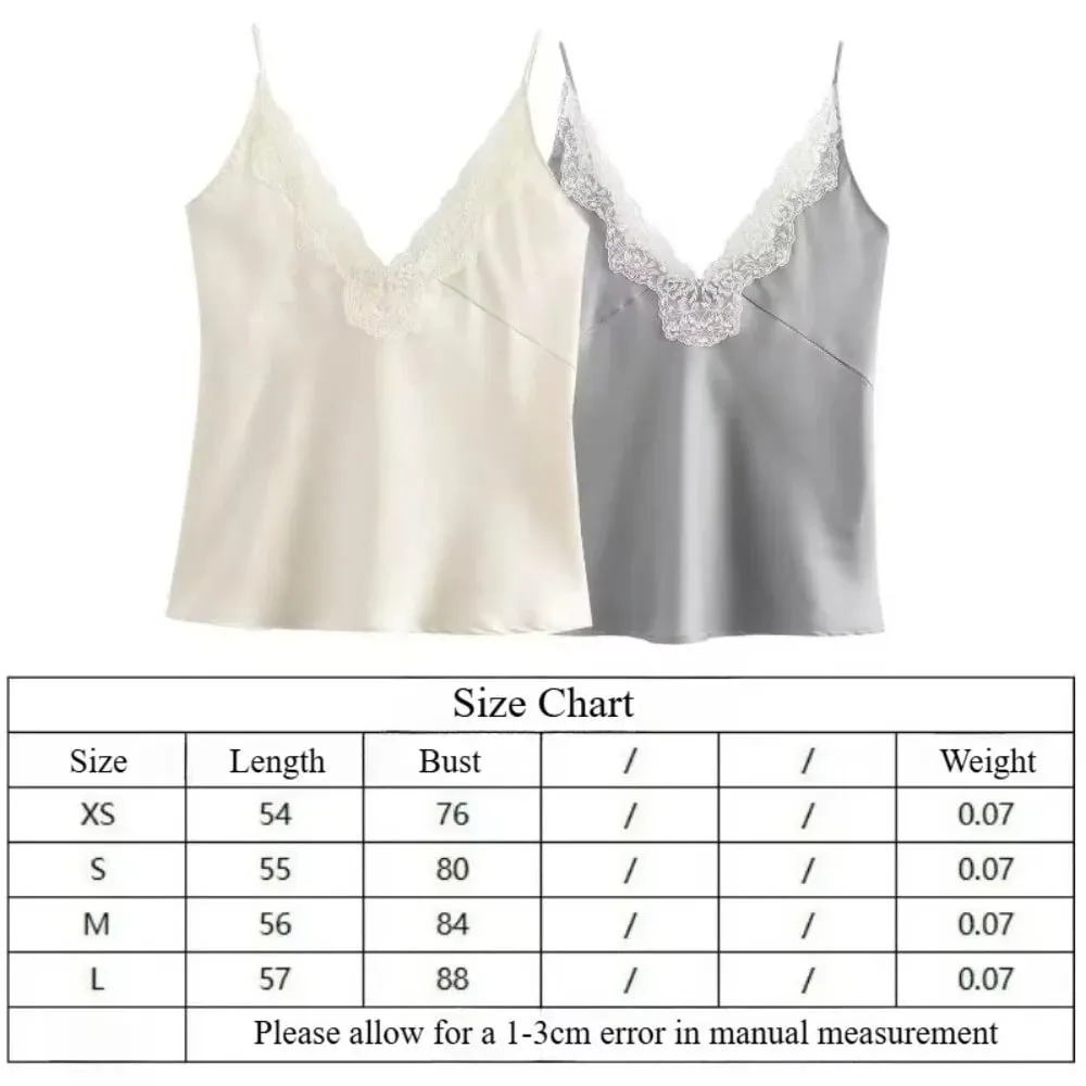 Casual Solid Color Lace Patchwork Tanks Spaghetti Strap Breathable Satin Camisole Sleeveless V-neck Tops Party Outfit