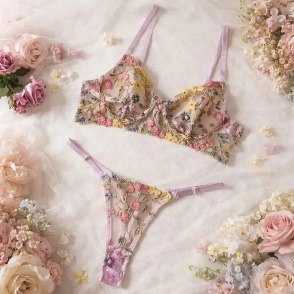 2-Piece Fashion Floral Lingerie Set Sheer Embroidery Underwear Intimates Versatile Underwire Push-up Bra Panty Set For Lady Girl