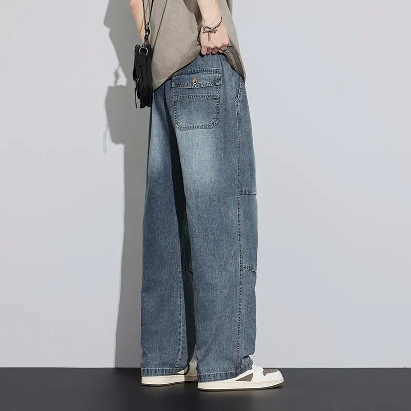2026 New Japanese Style Textured Grid Men's Jeans Plus Size Loose Straight Vintage Washed Casual Daily Denim Pants