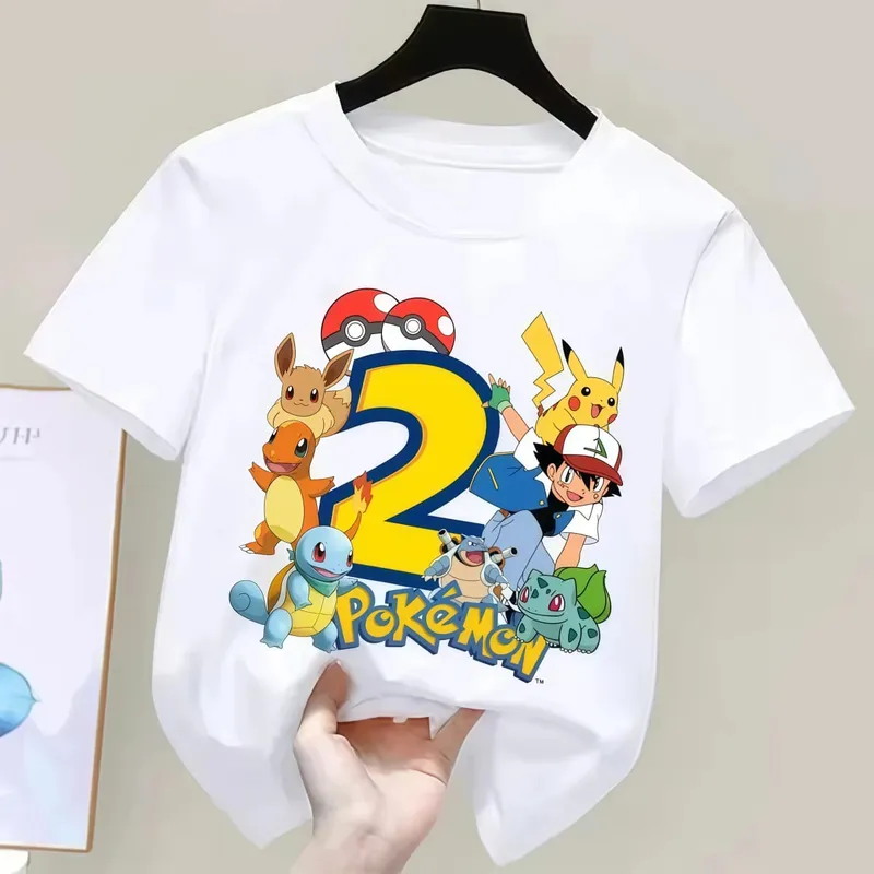 2026 Pikachu Kids Children T Shirts Birthday Number 1-9 Printed T Shirt Boys Girls Summer Short Sleeves Tops Children Clothing