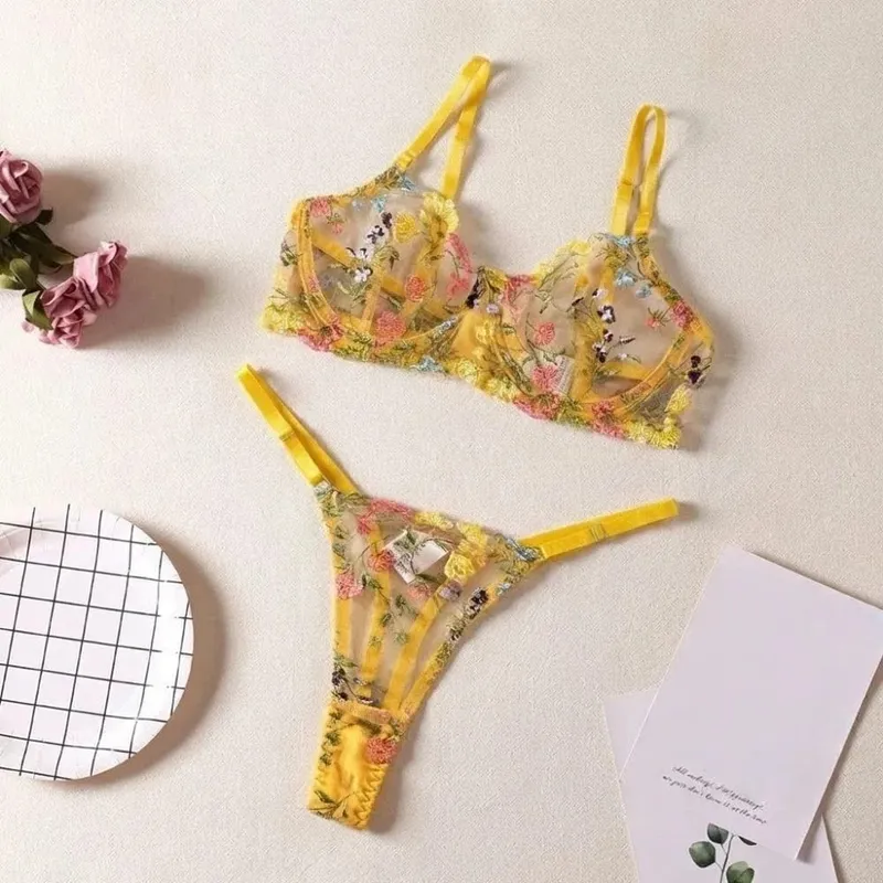 2-Piece Fashion Floral Lingerie Set Sheer Embroidery Underwear Intimates Versatile Underwire Push-up Bra Panty Set For Lady Girl