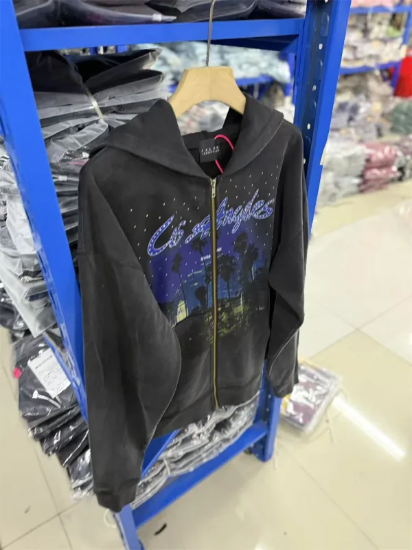 False Rhinestone Starry Sky Pattern Print Washed Zipper Loose Hoodie Street Casual Cotton Versatile Sports Trendy Sweatshirt