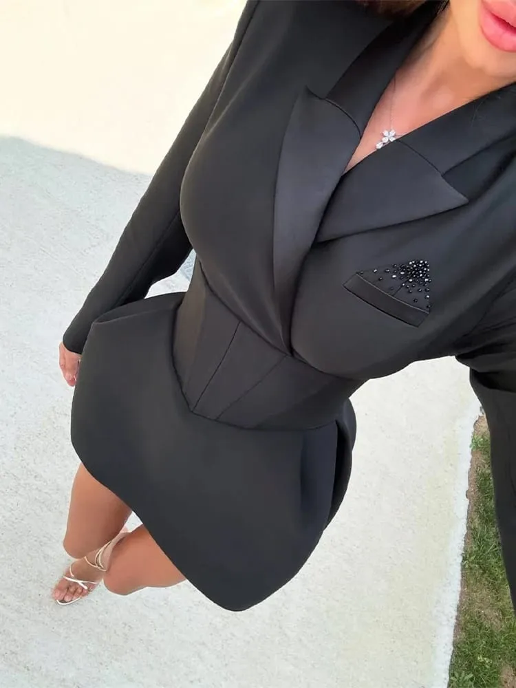 Women Elegant Waist-cinching Blazer Mini Dress Chic Full Sleeve V-neck Slim Dresses Sexy 2026 Lady Daily Commute Office Vestidos