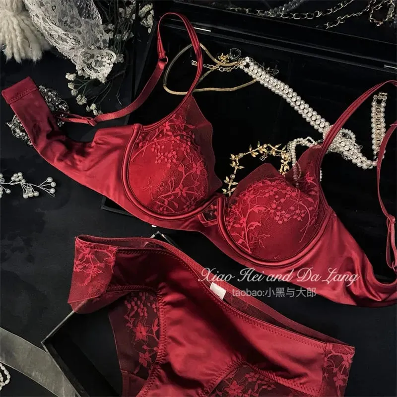 Satin Lace French Lingerie Set Women Push Up Anti Sagging Full Coverage Brassiere Soft Breathable Ladies Daily Underwear 32-38