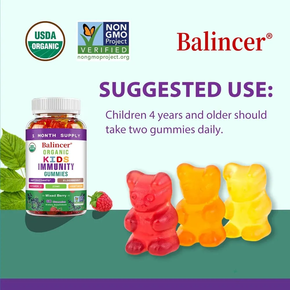 Organics Immunity Gummies for Kids with Vitamin C Zinc Elder Berry Extract Antioxidant & Overall Wellness Non-GMO Gluten Free