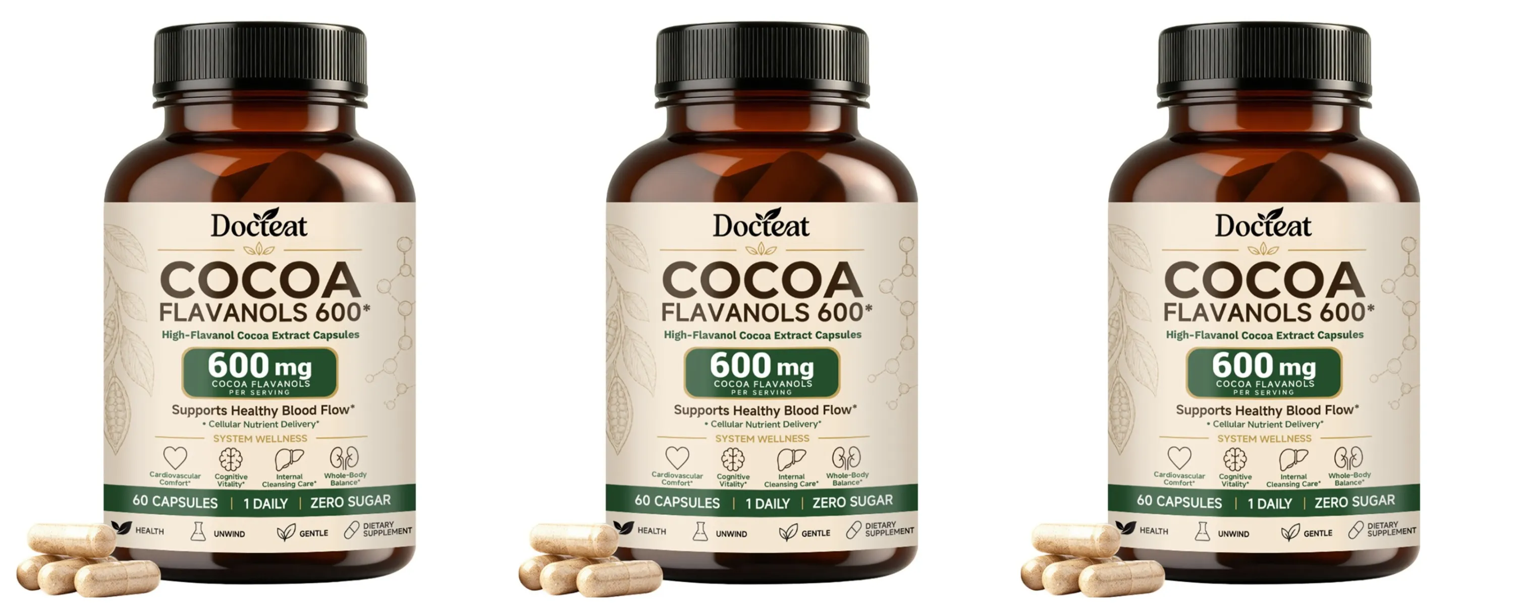 Docteat Cocoa Flavanols Capsules 600mg with Vitamin C L-Theanine & Alpha Lipoic Acid for Daily Wellness Support 60 Capsules