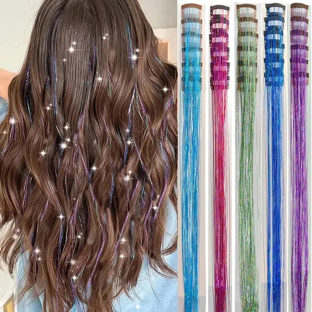 Sambungan Rambut Tinsel Berkilauan 20 Inci dengan Klip Dalam 6 Keping/Set Klip Sintetik dalam Aksesori Rambut Sparkle Fairy untuk Kanak-kanak Wanita