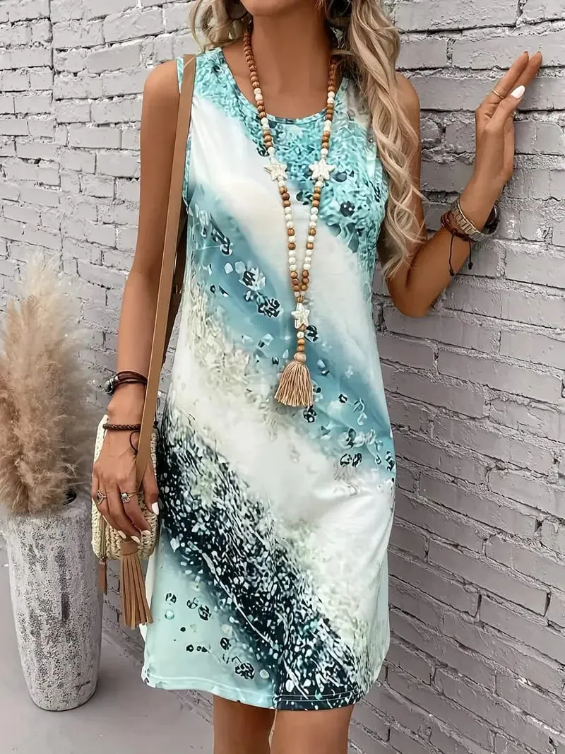Women's Spring and Summer Elegant Irregular Pattern Fashion Printed Sleeveless Casual Dress