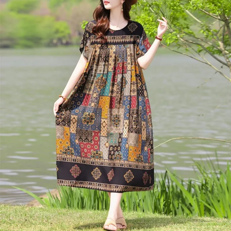 Yeni Moda Rahat 2026 Yaz Elbiseler Kadınlar Için Vintage Kısa Kollu O-Boyun Baskı Gevşek Çiçek Elbise Kadın Giysileri