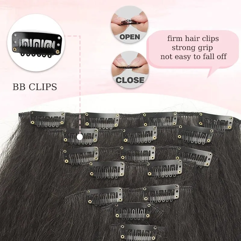 7Pcs Clip in Hair Extensions Wig Synthetic Black Yaki Straight Hair Extensions with BB Clip Fluffy Hairpiece for Women Daily Use