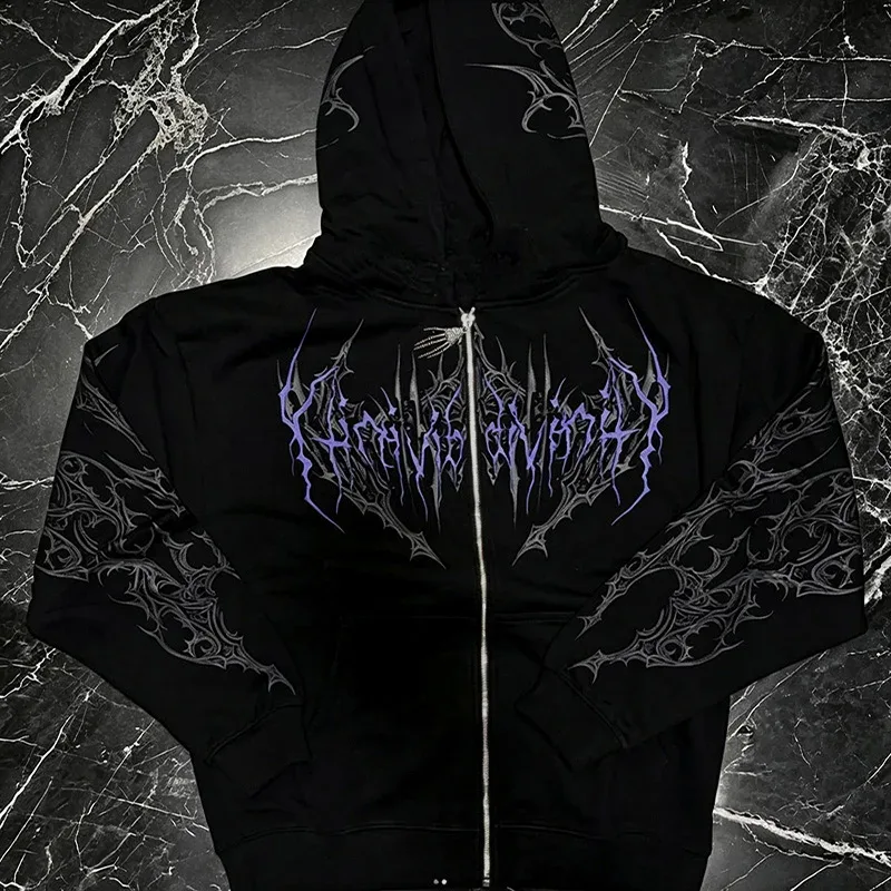 Men Alt Gothic Zip Up Hoodie Y2k High Street American Style Dark Thorn Print Fleece Lined Loose Biker Fall Winter Sweatshirt