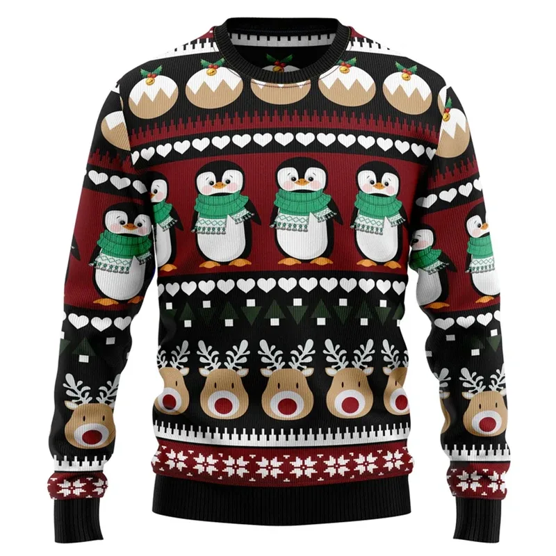 Funny Penguin Graphic Ugly Christmas Sweater For Men Fashion Autumn Holiday Wear 3D Printed Sweatshirts Loose Breathable Tops