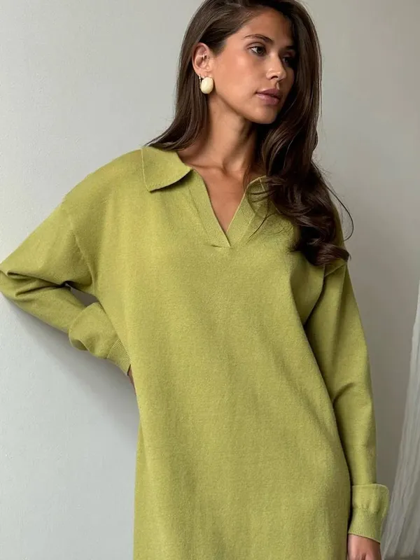 Hirsionsan Gaun Sweter Leher Polo Longgar Musim Gugur Musim Dingin Lengan Panjang Gaun Rajut Solid Elegan Lembut Wanita Pakaian Baru 2025 Wanita