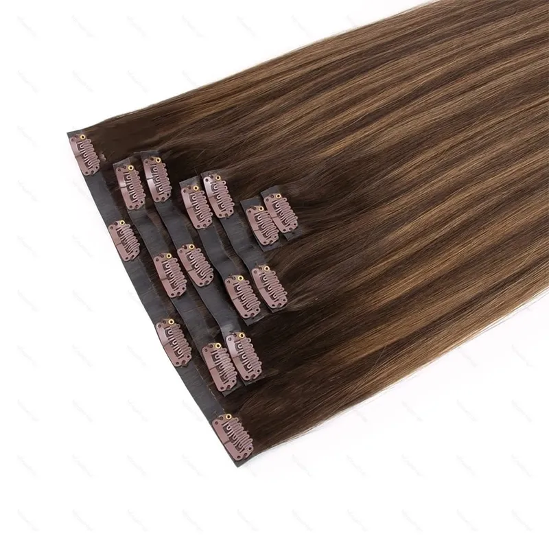 PU Clip Ins Human Hair Premium Remy Clip In Extension Sa Tape Weft Silk Straight European Real Natural na Buhok 14-24inch 7pcs 110G