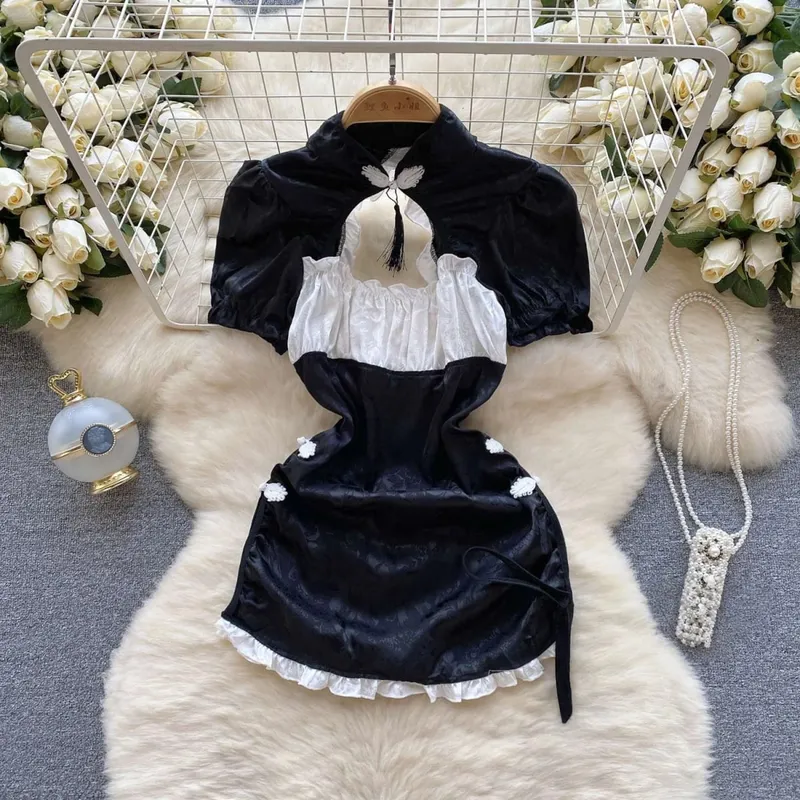 Woman Embroidery Floral Mesh Fashion Sexy Dress Chinese Style Short Sleeve Split Hollow Out Cheongsam New Gauze Sheer Dress