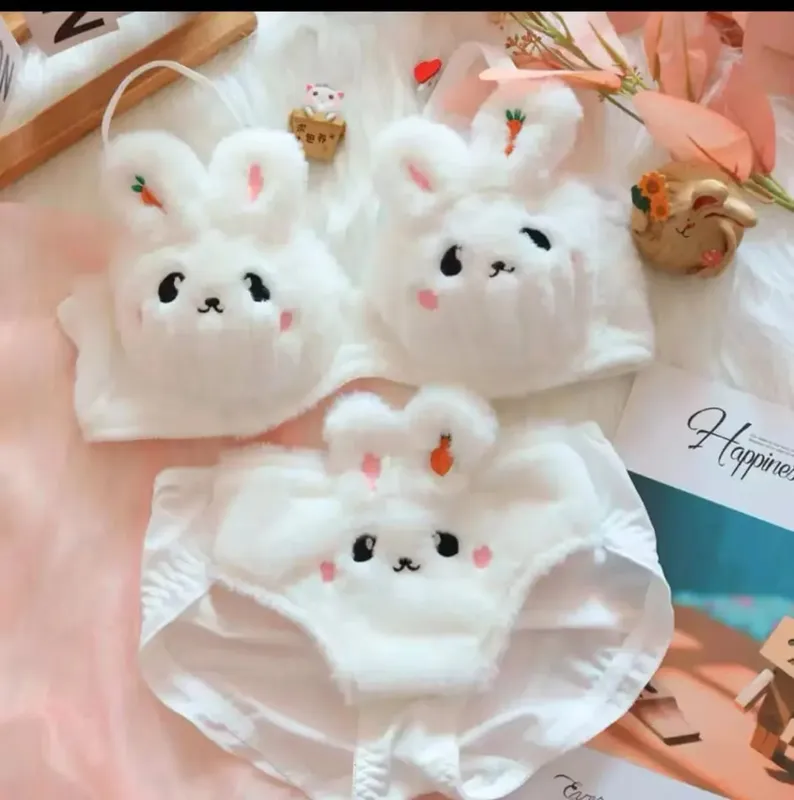 Cute Cat Paw Plush Lingerie Set for Women Warm Winter Bra & Panty with Ears Comfortable Kawaii Underwear
