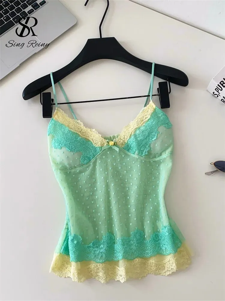 Polka Dot Mesh Lace Top French V Neck Shirred Stretchy Slim Backless Pambabaeng Tank Top Summer Y2K Sensual Lazy Kamisole