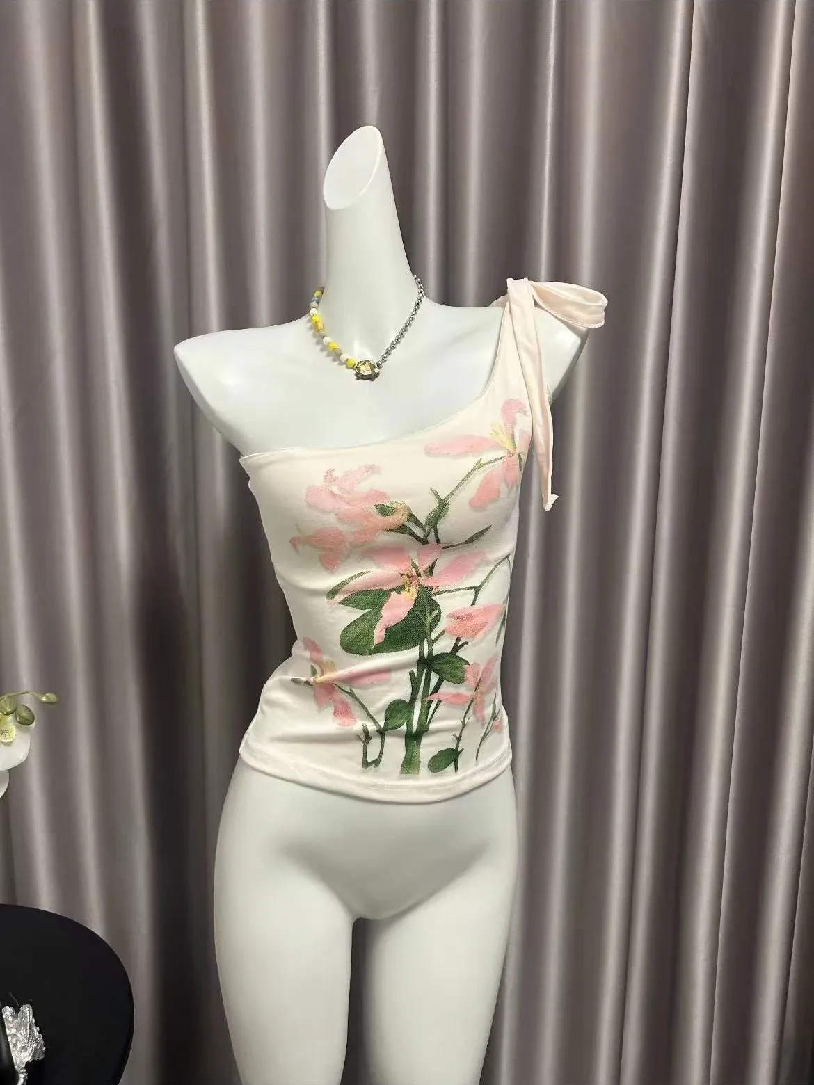 Women Vintage Pink Floral Print One Shoulder Cami Top Tie Strap Slim Flared Hem Cottagecore Boho Summer Sleeveless Casual Blouse
