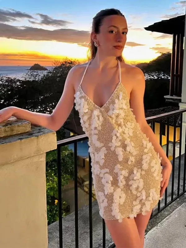 Women Solid Sequin Mini Dress Halter Neck Deep V Neck Bodycon Sleeveless Sparkly Vestidos Formal Club Party Cocktail Dresses New — image 12