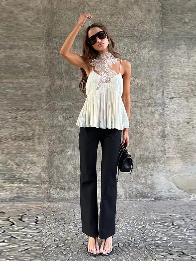 Halter Neck Ribbed Knit Lace Waist Cutout Back Skater Mini Dress Sleeveless Contrast Lace 2026 Summer Women Party Mini Dress