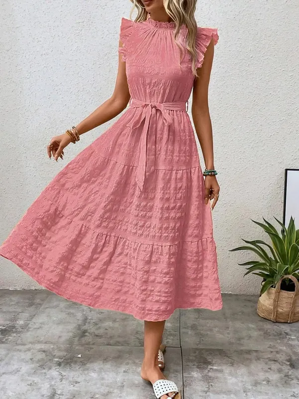 2026 Summer Fashion Flutter Sleeve Women Stand Collar Ruffles Solid Color Elegant Loose Long Dress Lace-up Texture Party Dresses