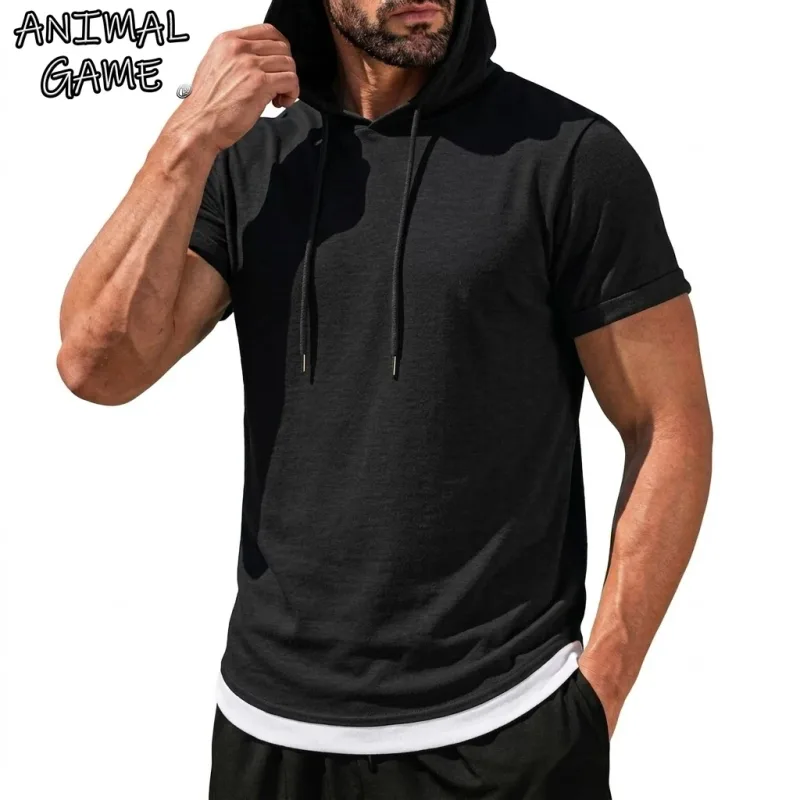 Hoodie Lengan Pendek Musim Panas Kaus Tipis Kasual Pria Hoodie Pulover Ringan Kaus Sejuk Pakaian Jalanan Korea Pria Gym