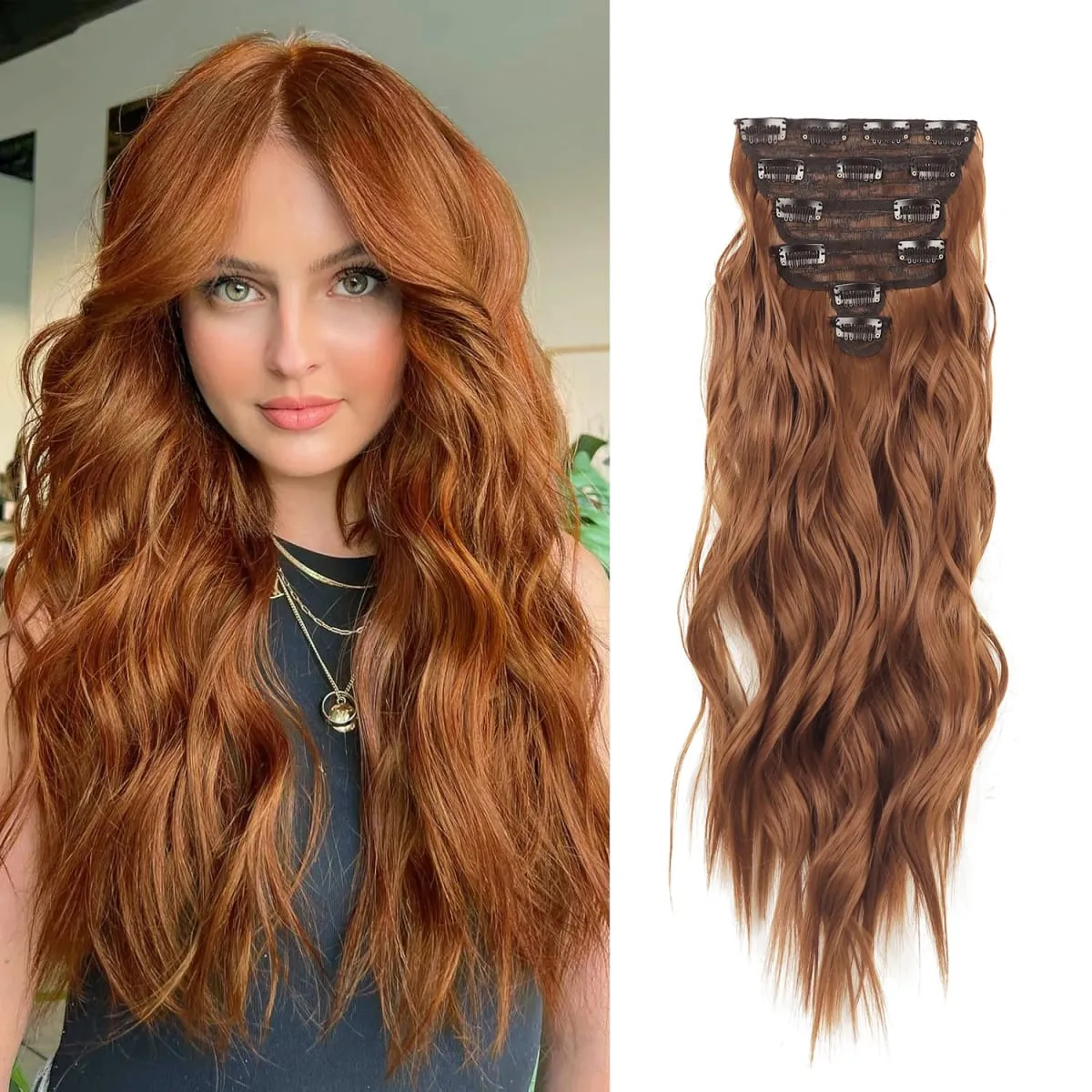 Clip in Hair Extensions 6PCS Thick Synthetic Hair Long Beach Waves hair Invisible Lace Weft Natural Soft Hairpieces for Women
