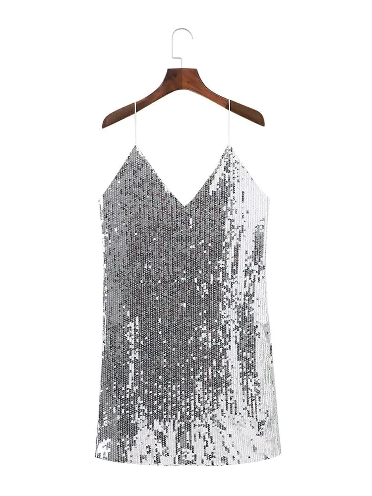 Djup V-hals Höst Silver Paljetter Rygglös Sexig Klänning Kvinnor Off Shoulder Miniklänning Julfest Klubbband Klänningar Vestidos