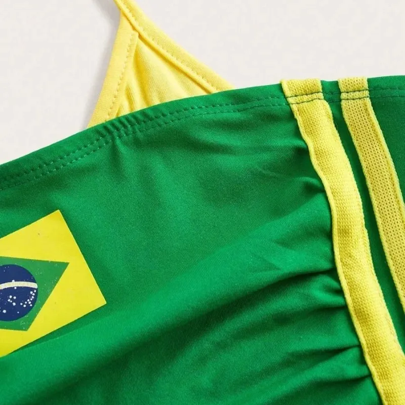 Women Brazil Flag Print Halter Crop Top Color Block Stripe Sleeveless Slim Y2K Summer Streetwear Going Out Sports Cami Tank Top